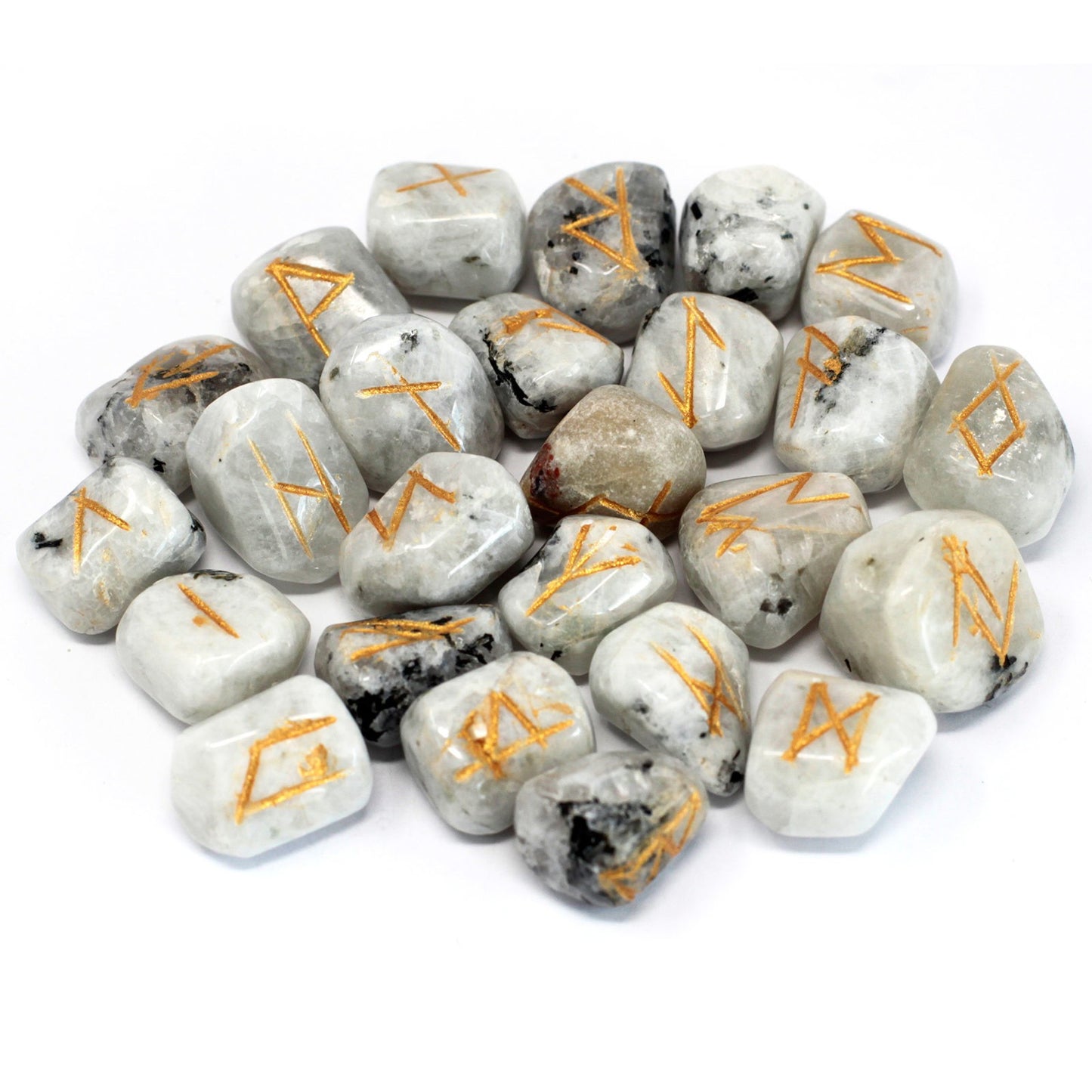 Runes Stone Set in Pouch – Rainbow Moonstone | A Sacred Tool for Divination and Intuition